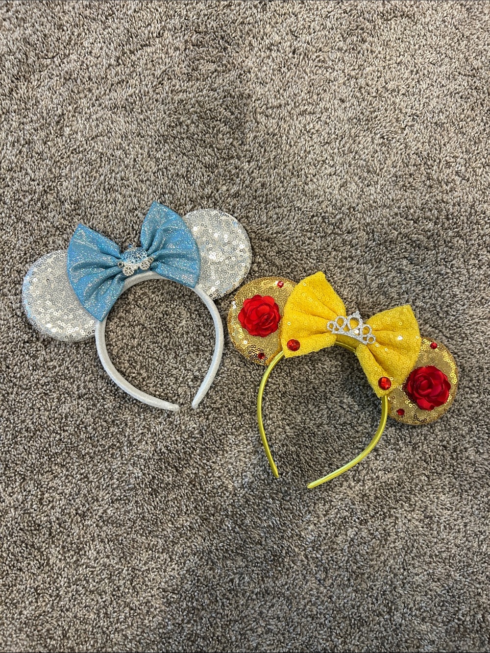 Sequin Minnie Ear Headbands - Blue Bow Cinderella & Yellow red Rose Belle